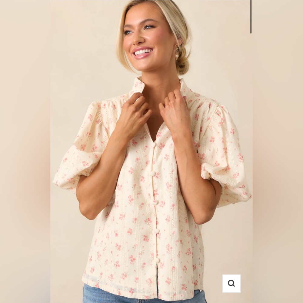 Floral Cream Blouse with Pink Accents